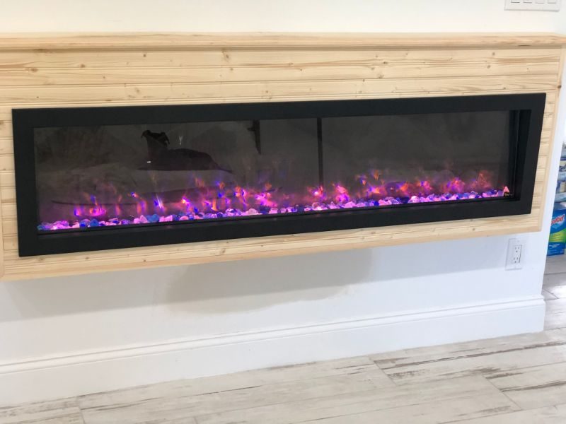 Built-in electric fireplace with shiplap surround — Babylon, NY
