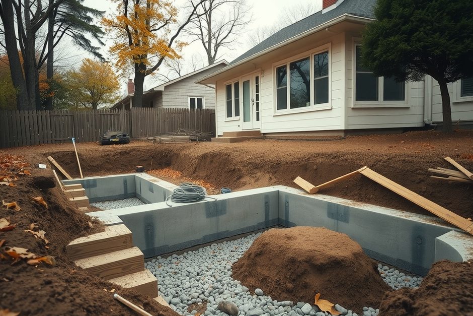 Excavation with concrete foundation walls and gravel drainage bed beside a Long Island ranch