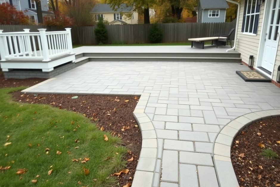 A paver patio meeting a raised deck in a Long Island backyard