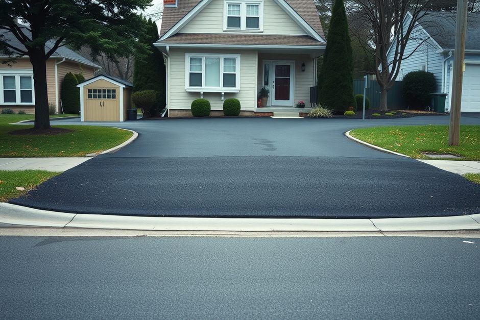 Freshly paved asphalt driveway apron meeting the street curb in front of a Long Island cape