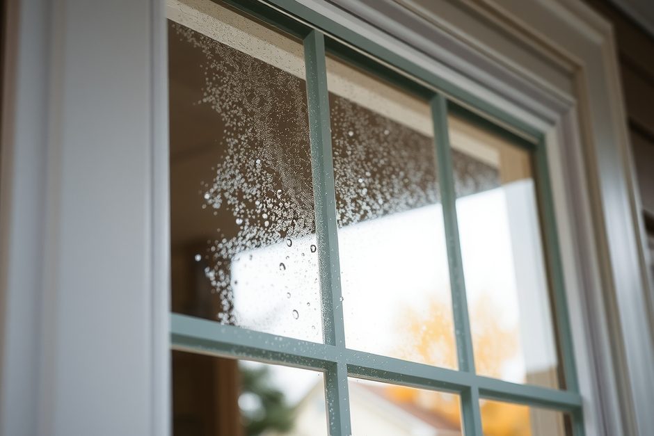 Close view of moisture fogging the glass of a divided-light window