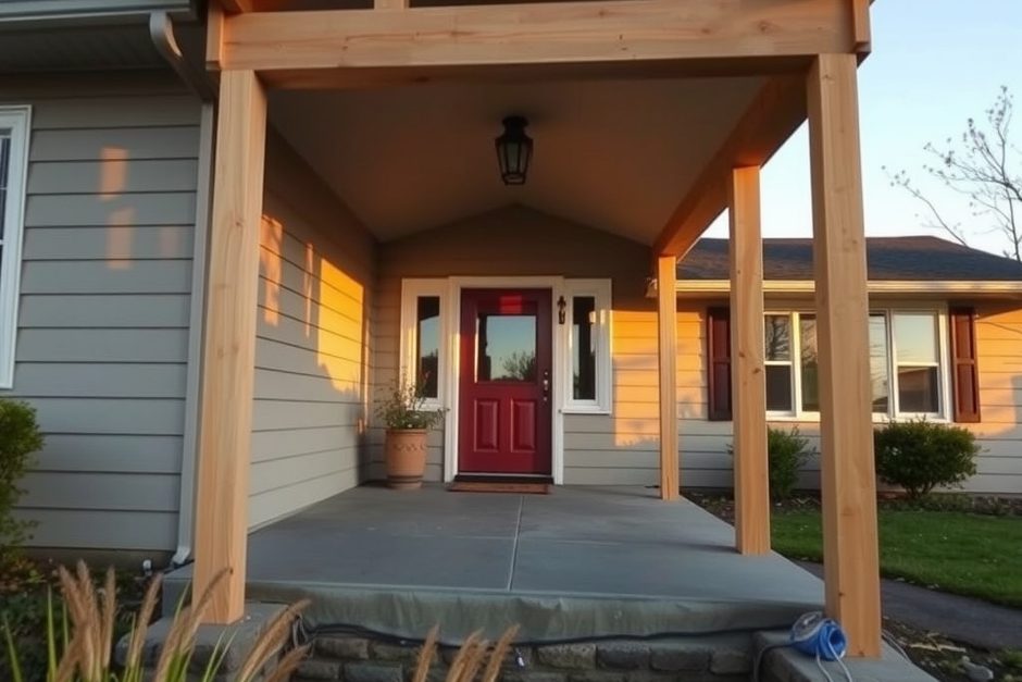 Covered front porch with square wood columns on a Long Island ranch at golden hour