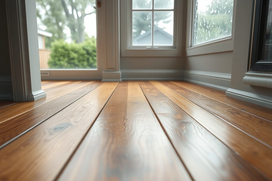 Oak hardwood floorboards with subtle cupping beside a rain-streaked window