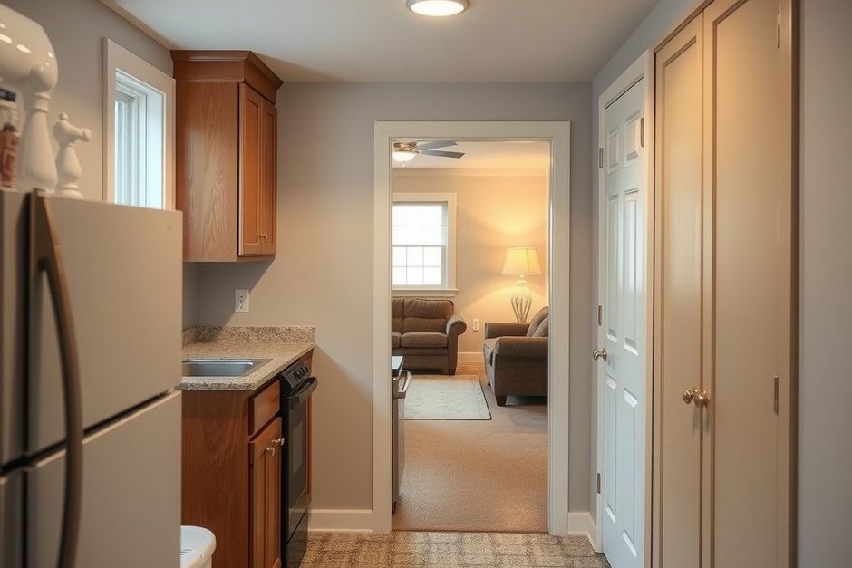 Compact second kitchenette in a finished in-law apartment opening through to a separate sitting area in a Long Island home