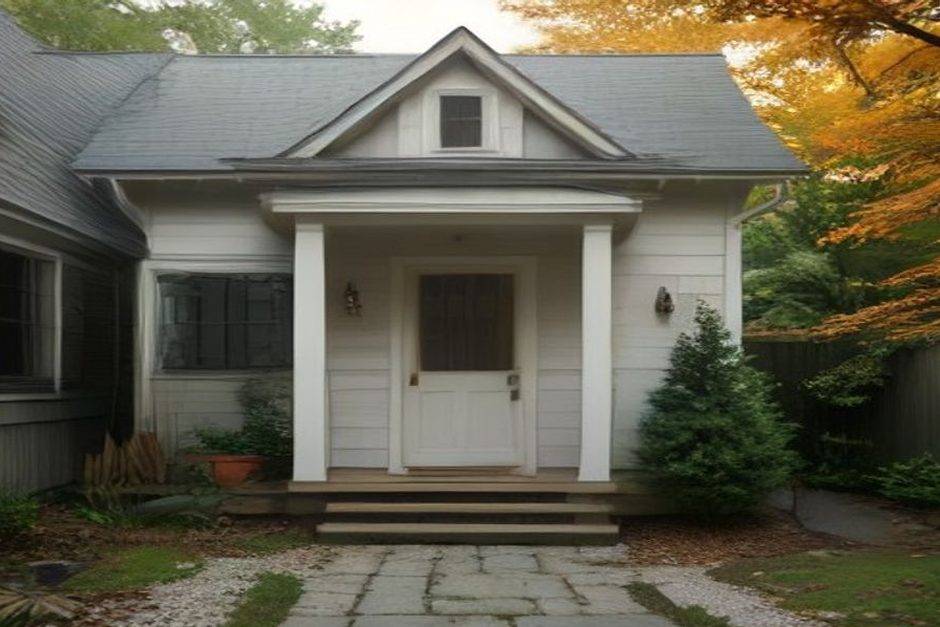 Small gabled mudroom bump-out with a white entry door and wood steps on the back of a white Long Island cape in the fall, by Just Enterprise One Corp.