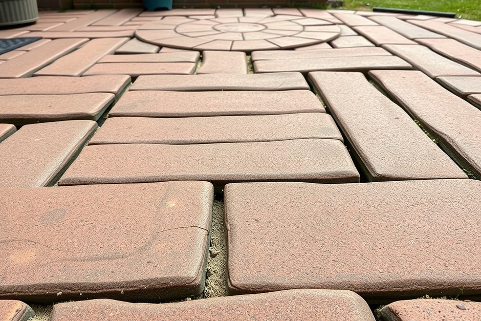 Close-up of heaved and sunken brick paver patio joints after a Long Island winter, Just Enterprise One Corp.
