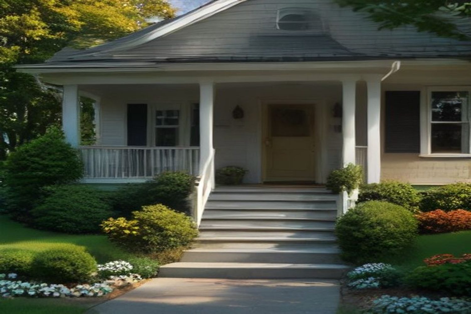 Front entry of a well-kept Long Island cape with fresh trim paint and tidy landscaping before listing — Just Enterprise One Corp.