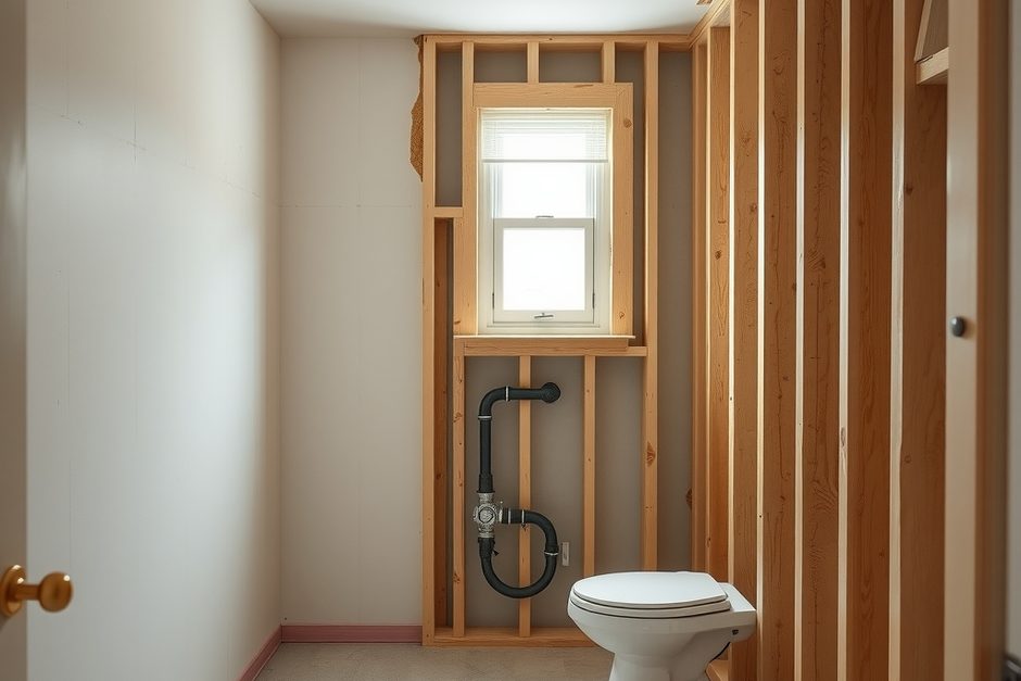 Compact bathroom under construction beside an upstairs bedroom in a Long Island cape
