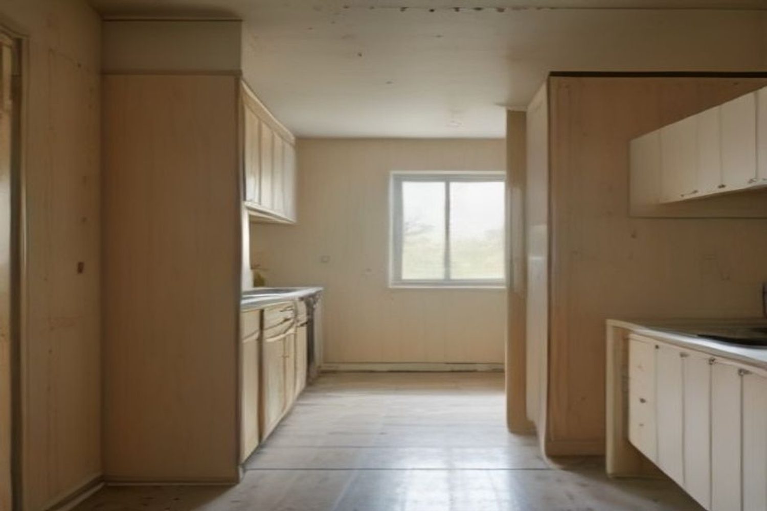 Kitchen mid-renovation with new cabinet boxes and bare subfloor — Suffolk County NY, Just Enterprise One Corp.