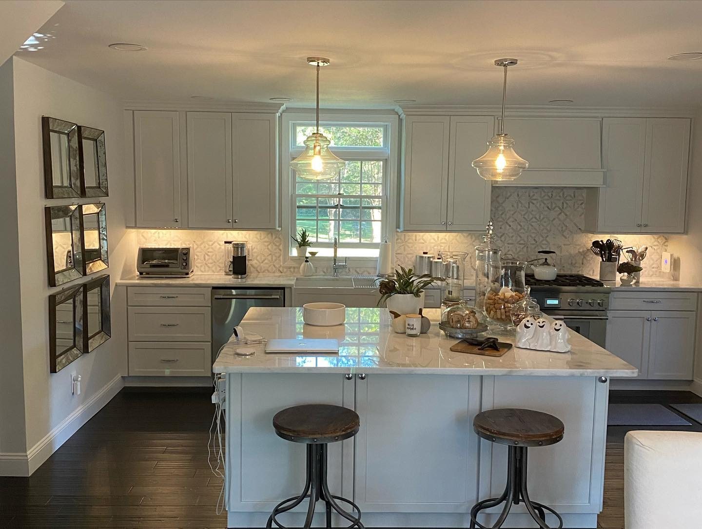 White kitchen renovation — view toward dining area